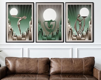 Green Art Deco Women Prints, Vintage Home Wall Decor, Set of 3