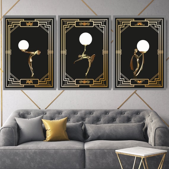 Art Deco Women Print set of 3, Vintage Gold Effect, 1920s Glamour