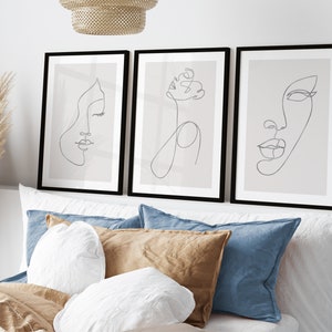 Elegantes Trio von Silber-Effekt-Linien-Kunstdrucken - Weibliche Gesichter-Galeriewandset, minimalistisches grau-beiges Dekor, einzigartiges Housewarminggeschenk