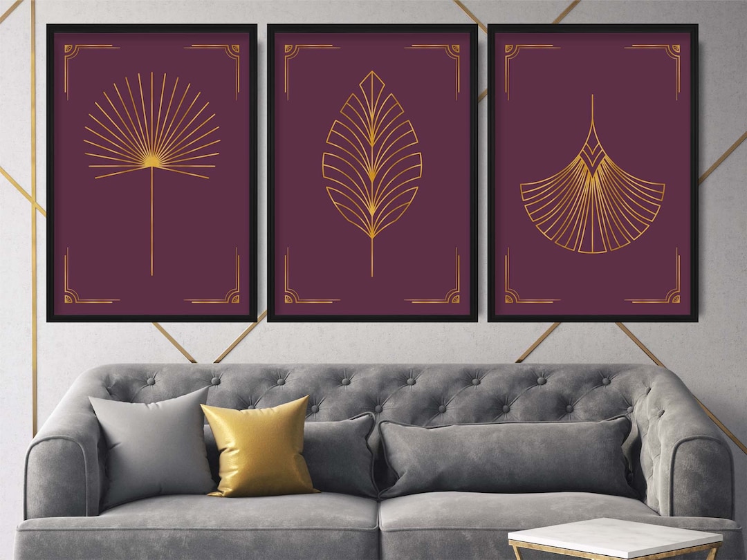 Art Deco Print Set of 3 - Purple & Gold Wall Art, Leaf Prints, Art Deco ...