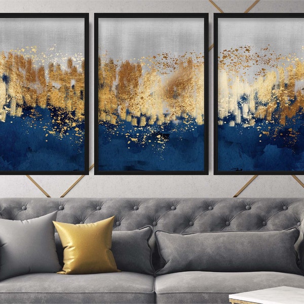 Aquarelle abstraite d'inspiration bleu marine, effet feuille d'or, décoration d'intérieur tendance, cadeau de pendaison de crémaillère exceptionnel, lot de 3