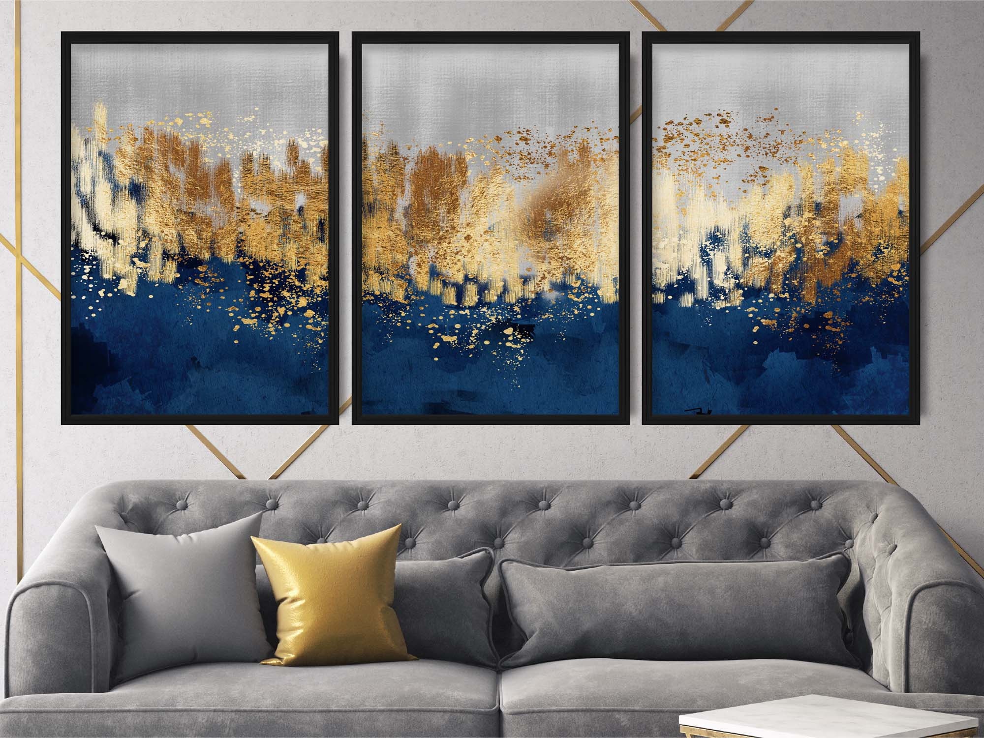 Navy Gray Gold Art Etsy