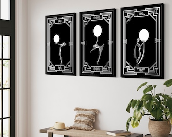Art Deco Women Prints, Vintage Monochrome Silver Effect, Perfect for Gallery Wall Decor, Ideal Gift for Art Lovers