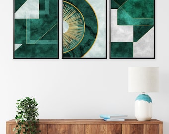 Conjunto geométrico de 3 láminas artísticas, decoración moderna en verde, blanco y dorado