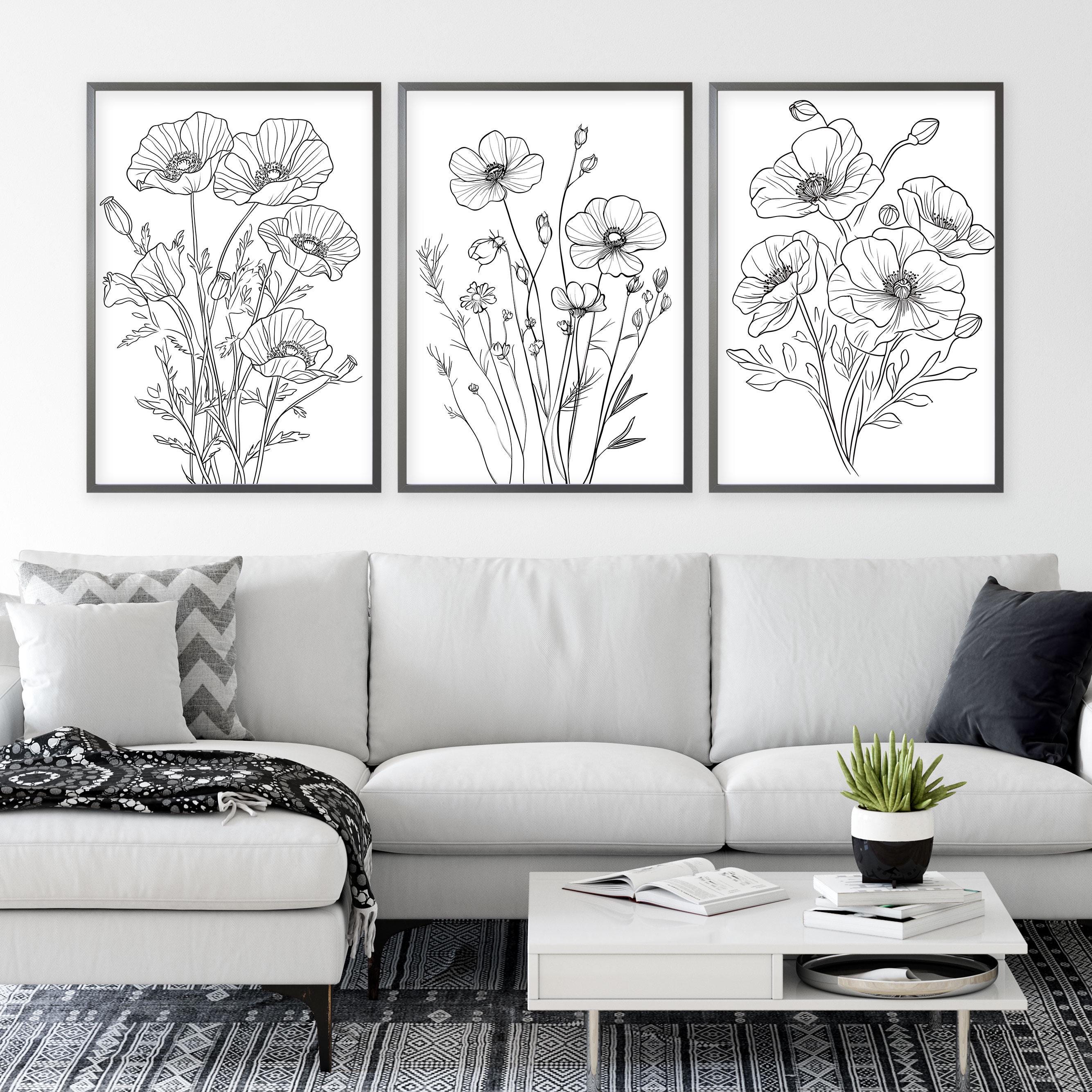 Black & White Minimalist Flower Line Art, Set of 3 Elegant Wall Decor ...