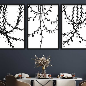 Conjunto minimalista de 3 impresiones: imágenes artísticas de hojas botánicas drapeadas en negro