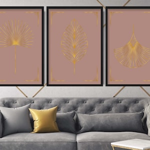 Set of 3 Prints-Art Deco Poster, Pink Print, Art Deco Print, Art Deco, Wall Art Print, Art Deco Wall Art, Gold Art Print, Leaf Print, Deco-1