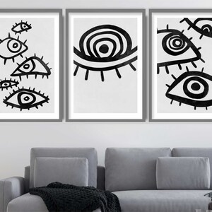 Conjunto de 3 impresiones: ojos abstractos bohemios en negro sobre gris, imagen artística neutra