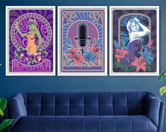 Conjunto de impresiones de mujeres Art Nouveau, decoración de pared en vibrantes tonos naranja y azul, ideal para decorar paredes de galería, regalo perfecto para amantes del arte.