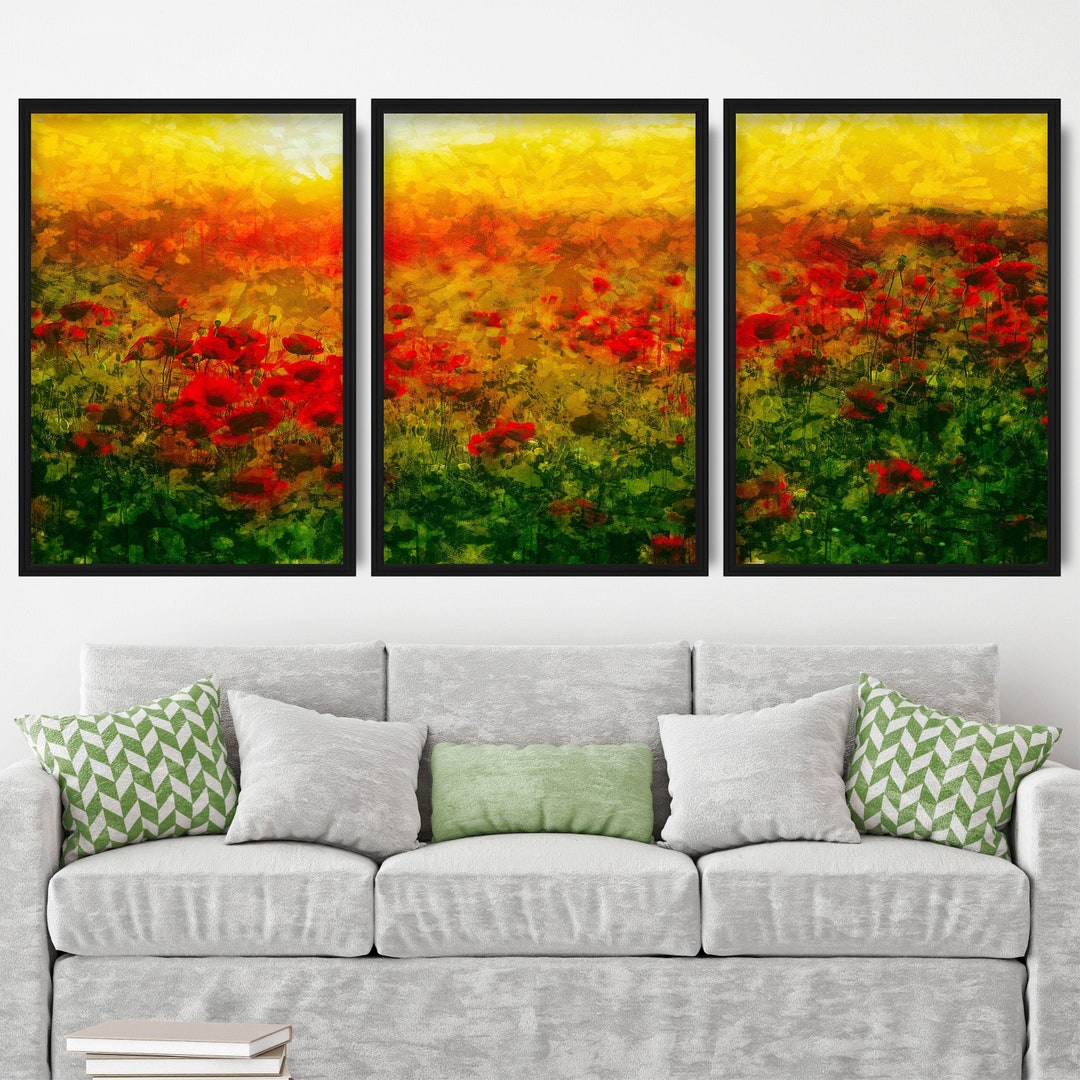 Poppy Field Wall Art, Vibrant Red Poppies, Red Poppy Art Prints Trio ...