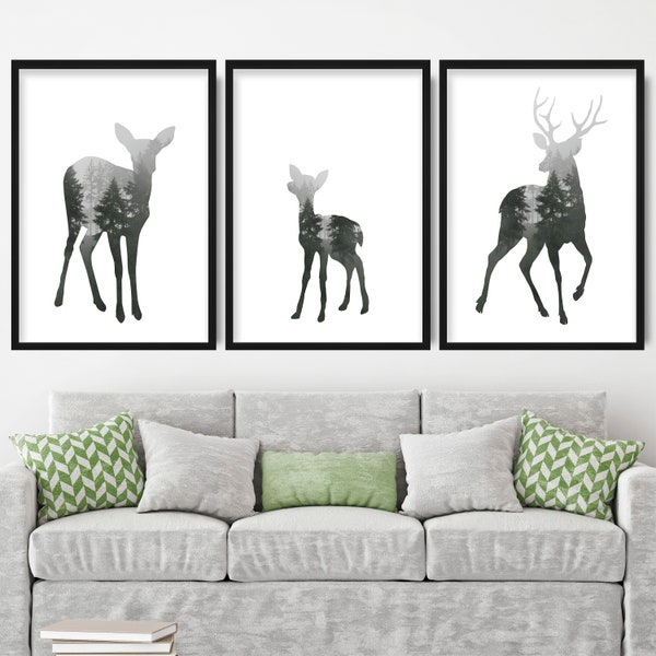 Ensemble de 3 tirages forêt brouillard biche faon cerf bois Art impression nordique faune Animal galerie mur affiche décor cadeau