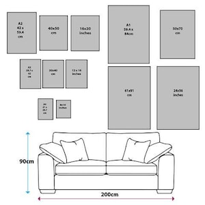 K&ouml;nnte beinhalten: Diagramm mit verschiedenen Gr&ouml;&szlig;en von Bilderrahmen und einem Sofa. Das Sofa ist 90 cm hoch und 200 cm breit. Die Rahmen sind mit ihren Abmessungen in Zoll und Zentimetern beschriftet.
