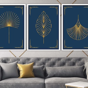 Blauw-gouden art-decobladprint set van 3, stijlvol kunst aan de muur, perfect voor woonkamer of slaapkamer, creatief verjaardagscadeau