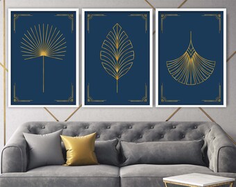 Blue & Gold Art Deco Leaf Print Set of 3, Stylish Wall Art Decor, Perfect for Living Room or Bedroom, Creative Birthday Gift