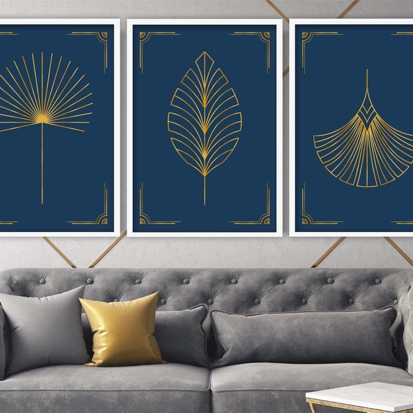 Ensemble de 3 imprimés Art déco bleus et dorés, décoration d'intérieur élégante