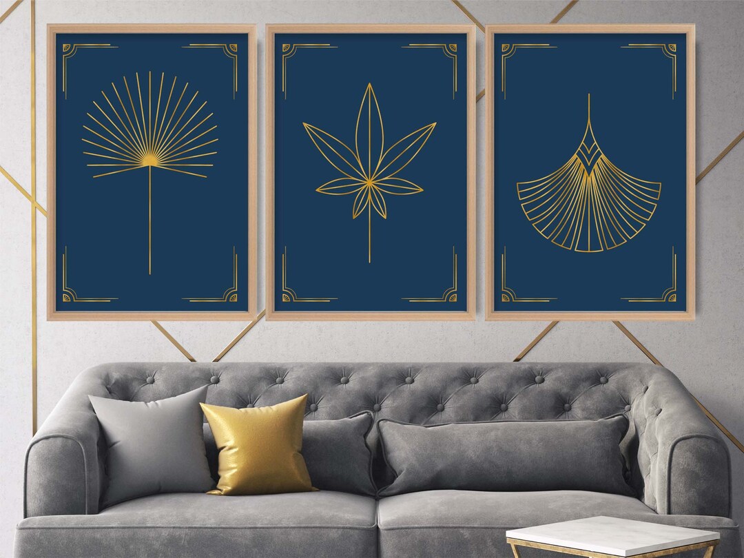 Art Deco Prints - Blue and Gold Leaf Wall Art, Set of 3 - Etsy