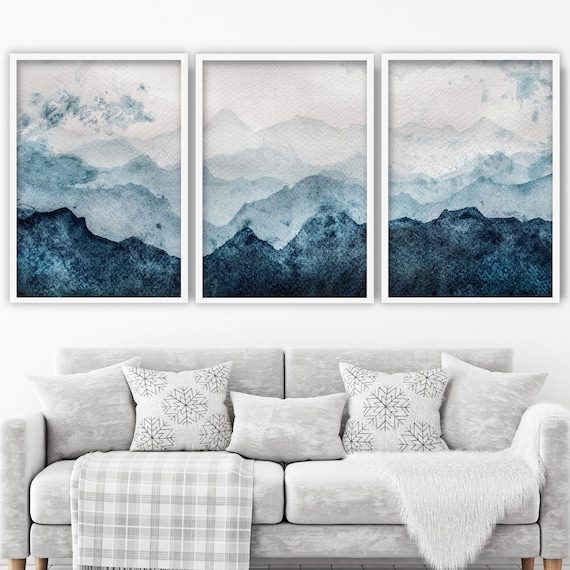 Abstract Set of 3 Prints Blue Watercolour Wave Mountains Wall | Etsy