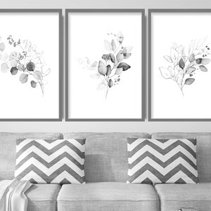 Grey Silver Set of 3 Prints - Leaves Glitter Effect Botanical Art Prints