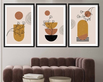 Boho Abstract Floral Art Prints - Set of 3, Mid-Century Modern