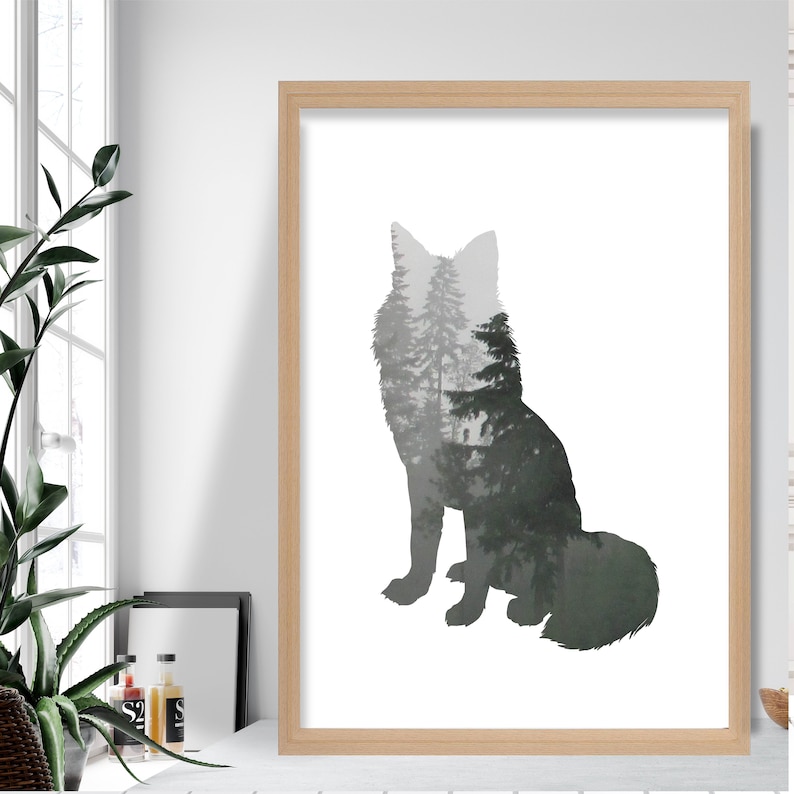 Forest Fog Fox Sitting Woodland Art Print Nordic Wildlife Animal Gallery Wall Poster Decor Gift