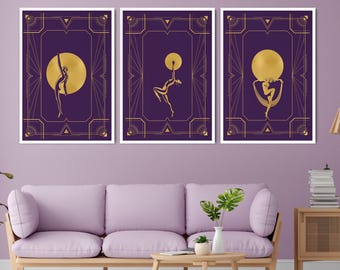 Purple Art Deco Prints - Gold Effect Figures, Set of 3