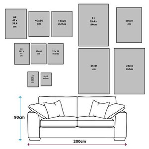 May include: Diagram showing different sizes of picture frames and a sofa. The sofa is 90 cm tall and 200 cm wide. The frames are labeled with their dimensions in inches and centimeters.