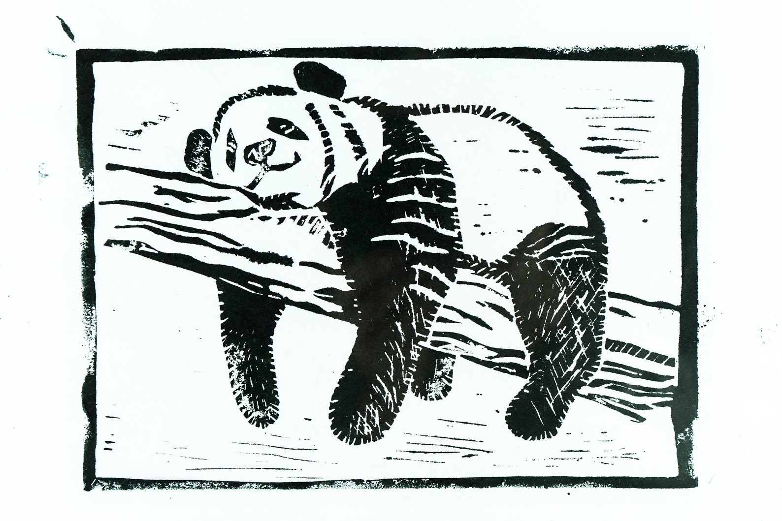 Panda Print II Picture Panda Linocut Print Black and White Art Etsy