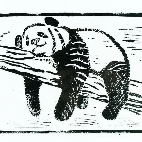 Panda Druck II Bild Panda Linoldruck Schwarz-weiß Kunstdruck Wanddeko