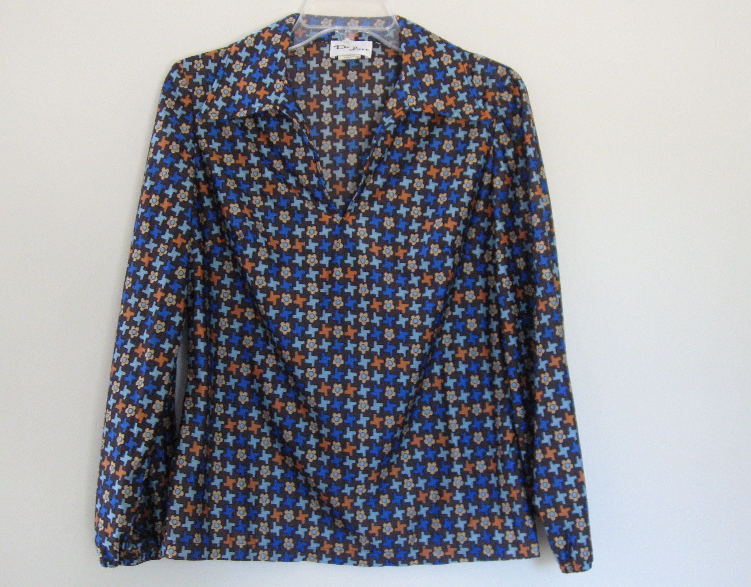 Qiana shirt 1970s vintage blue retro-tech print pullover top | Etsy