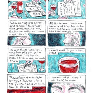 May include: A multi-panel comic strip titled "LUXURY" by Joy Alicia Raines, dated 7-23-26. The hand-drawn illustration features colored pencil textures in shades of blue and red, depicting a narrative about marriage, finances, and personal goals.
