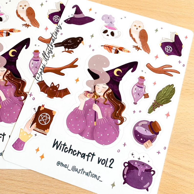 May include: Sheets of stickers featuring witch-themed illustrations. Designs include a witch with a purple hat, a cauldron, potion bottles, an owl, a raven, and the text "Witchcraft vol.2". The stickers have a white background.