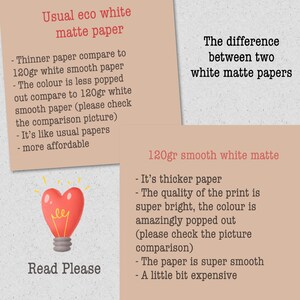 May include: A comparison of two white matte papers, with text descriptions on brown paper. One is thinner and more affordable, the other is thicker with a brighter print. A red heart-shaped lightbulb graphic is also present.