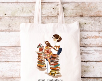 Illustrated tote bag, Bookworm tote bag, Digital art tote bag, Cotton canvas tote bag, Bookish tote bag, DTF print tote bag, School tote bag