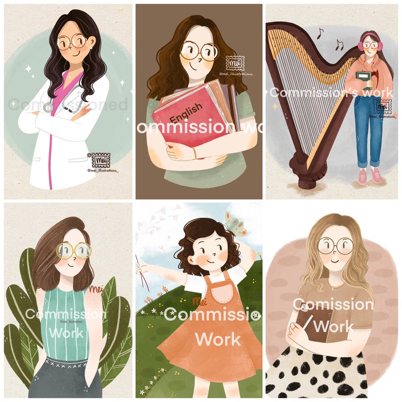 May include: A collection of six digital illustrations featuring women in various settings. One illustration shows a woman in a lab coat, another holding books labeled "English", and a third playing a harp. The illustrations have the text "Commission Work".