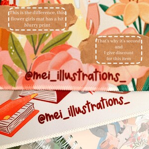 May include: Close-up of two fabric samples. The top sample features a floral design with blurred print, the bottom sample has a book illustration. Both samples have the text "@mei_illustrations_".