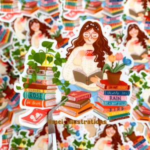 May include: A sticker depicting a cartoon illustration of a person reading a book and holding a cup. The sticker includes stacks of books, a potted plant, and the text "CLOUDS", "ROSE", "Be Brave", "DO NOT READ", "Nearly 30's", "RAIN", "Be a good friend", "B.I.R.D.", and "SOUNDS".