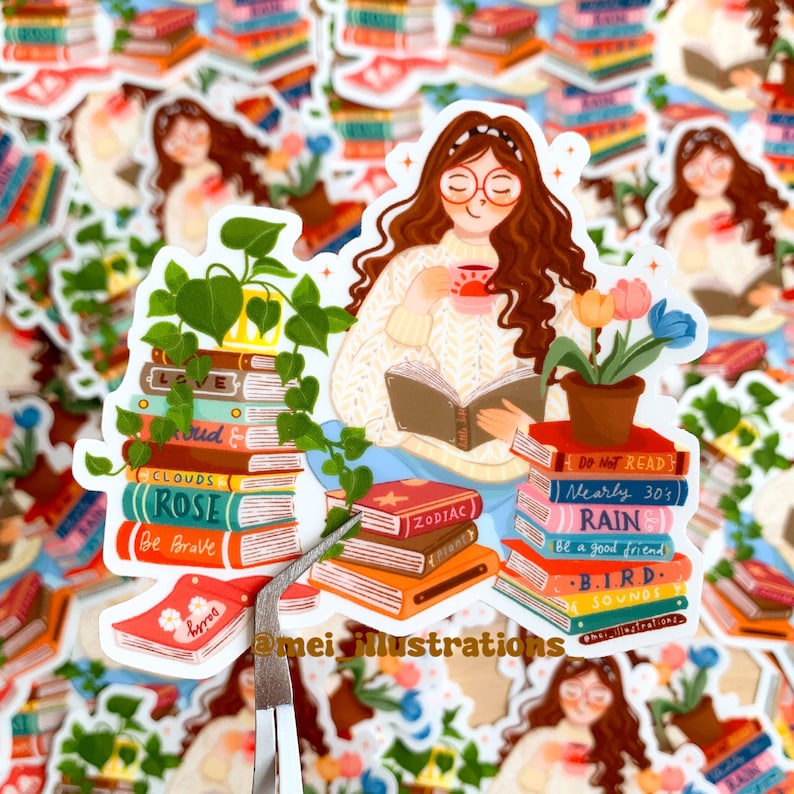 May include: A sticker depicting a cartoon illustration of a person reading a book and holding a cup. The sticker includes stacks of books, a potted plant, and the text "CLOUDS", "ROSE", "Be Brave", "DO NOT READ", "Nearly 30's", "RAIN", "Be a good friend", "B.I.R.D.", and "SOUNDS".