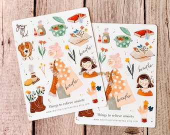 ORIGINAL DESIGN, Things to relieve anxiety sticker sheet, Bujo Sticker, Planner Sticker, Journal sticker, Anxiety sticker