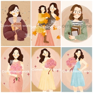 May include: A collection of six digital illustrations featuring women in various settings. The illustrations showcase women holding books, bouquets of flowers, and a child. Each image has the text "Commission work" at the bottom.
