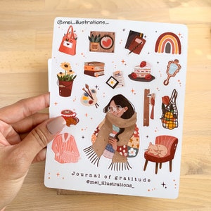 ORIGINAL DESIGN, Journal der Dankbarkeit Stickerbogen, gemütlicher Stickerbogen, Bujo Aufkleber, Planer Aufkleber, Illustrationen, Scrapbooking
