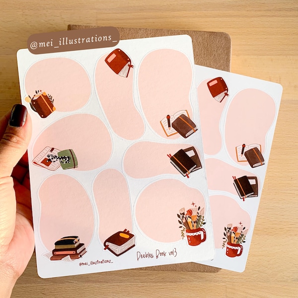 DISEÑO ORIGINAL, Hoja de pegatinas de Pebbles, Hoja de pegatinas de libros, Pegatina de planificador, Pegatina de libro, Pegatina decorativa, Pegatina de Bujo, Pegatina de ratón de biblioteca