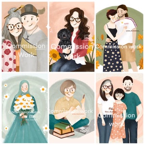 May include: A collection of six digital illustrations featuring couples and individuals. Each image includes the text "Commission Work" and the artist's name. The illustrations showcase various styles and themes, with soft color palettes and detailed character designs.