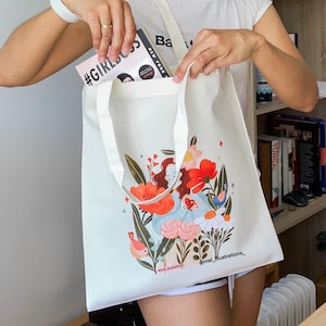Illustrated tote bag, Floral tote bag, Digital art tote bag, Canvas tote bag, Flower girl tote bag, DTF print tote bag, Flower tote bag
