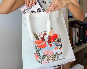 Bolso de mano ilustrado, bolso de mano floral, bolso de mano con arte digital, bolso de mano de lona, bolso de mano para niña de las flores, bolso de mano con estampado DTF, bolso de mano con flores