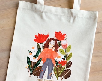 Bolso de mano ilustrado, bolso de mano de primavera, bolso de mano con arte digital, bolso de lona de algodón, bolso de mano para niña de las flores, bolso de mano floral, bolso de mano escolar