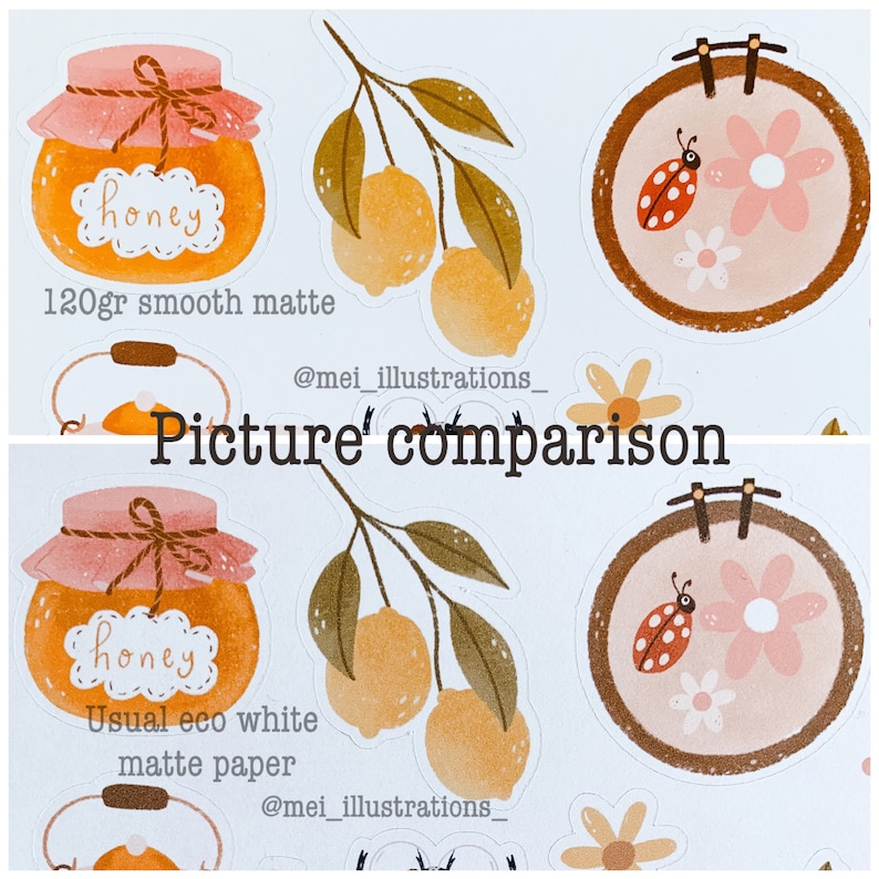 May include: A comparison of two sticker designs. One features a honey jar with the word "honey", a lemon branch, and a floral embroidery hoop with a ladybug. The other design is similar, with the text "120gr smooth matte" and "Usual eco white matte paper".