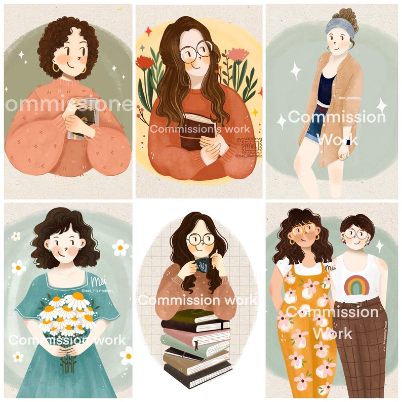 May include: A collection of six illustrations featuring women in various poses. Each illustration has the text "Commission Work" or "Commission's work". The illustrations are in a soft, pastel color palette, with floral and book elements.