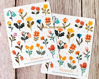 May include: Two sticker sheets featuring colorful floral illustrations. The stickers showcase various flower designs in shades of orange, yellow, blue, and pink, with green stems and leaves. The word "Flowers" is printed on the bottom of each sheet, along with a website address.