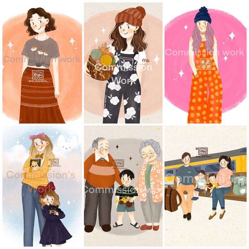 May include: A collection of six digital illustrations featuring stylized figures. The illustrations showcase various scenes, including a woman in a daisy shirt, a woman with yarn, and a family at a train station. Each image includes the text "Commission work".
