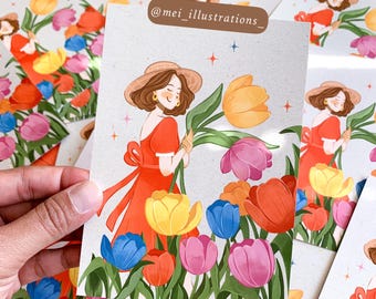 ORIGINAL DESIGN, Tulip girl art print, Flower print, Summer vibes print, Digital art print, Summer art print, Girl art print, Tulip print